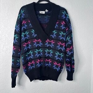 Vintage Duet Geometric V-Neck Sweater Black Pink Blue Teal Retro 80s 90s Large‎